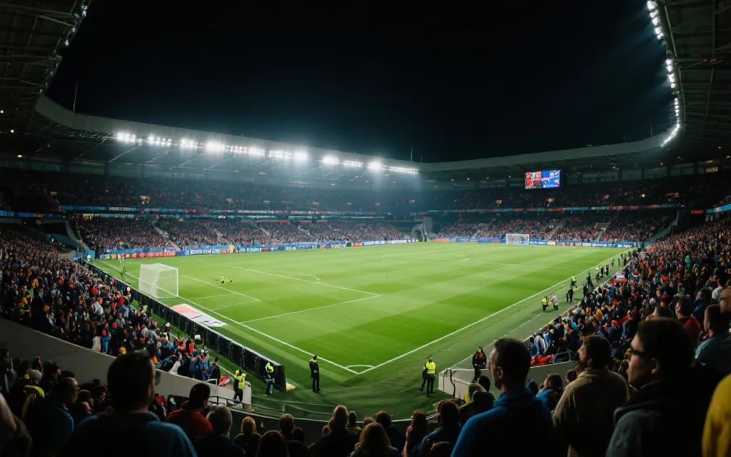 世界杯赛场夜景与球迷看台氛围，象征更大规模赛事的多样对抗