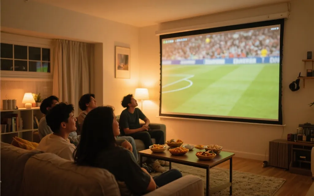 客厅朋友聚会观赛氛围，投影屏幕与零食桌，温暖灯光